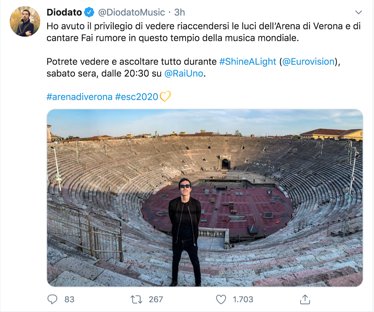Diodato dall’Arena di Verona rappresenta l’Italia a “Europe Shine a Light”