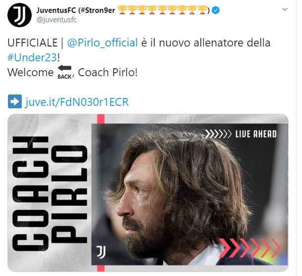 Andrea Pirlo torna alla Juve: è il nuovo tecnico dell’Under 23