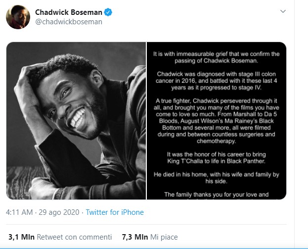 Chadwick Boseman, l’ultimo tweet ha più like della storia di Twitter