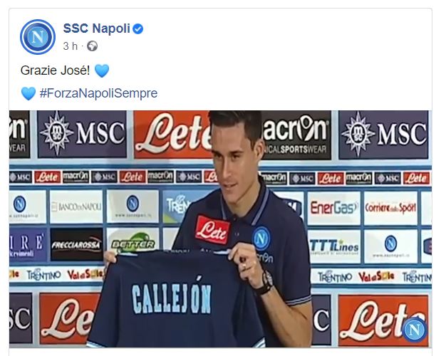Il Napoli saluta Callejon sui social con un video: 