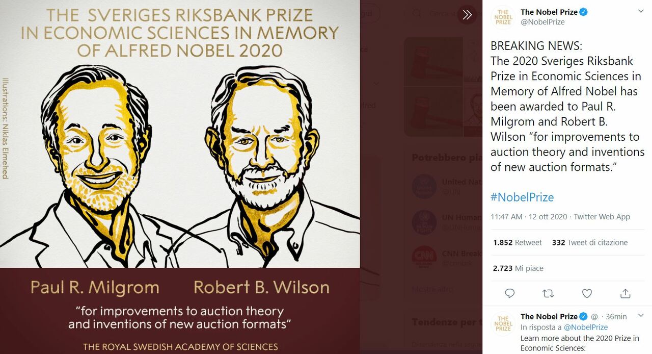 Nobel per l’Economia a Milgrom e Wilson: loro gli studi sulle aste