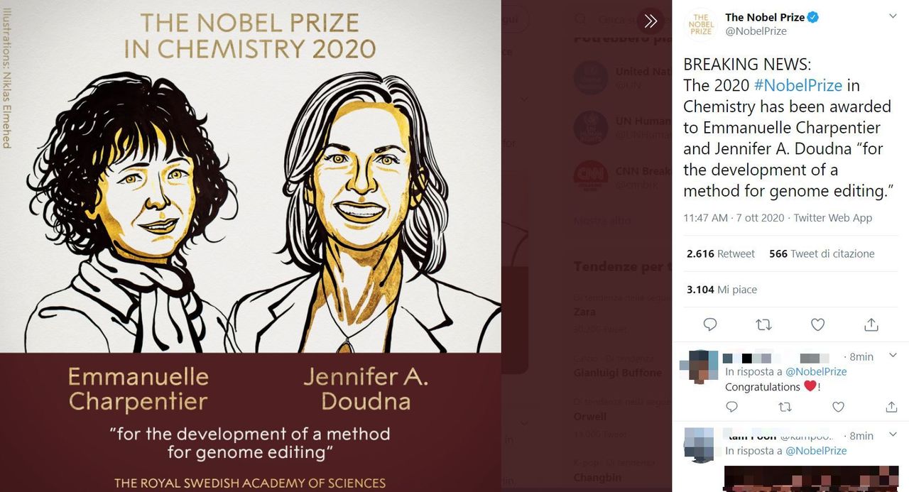 Nobel per la Chimica a due donne per l’editing del genoma CRISPR