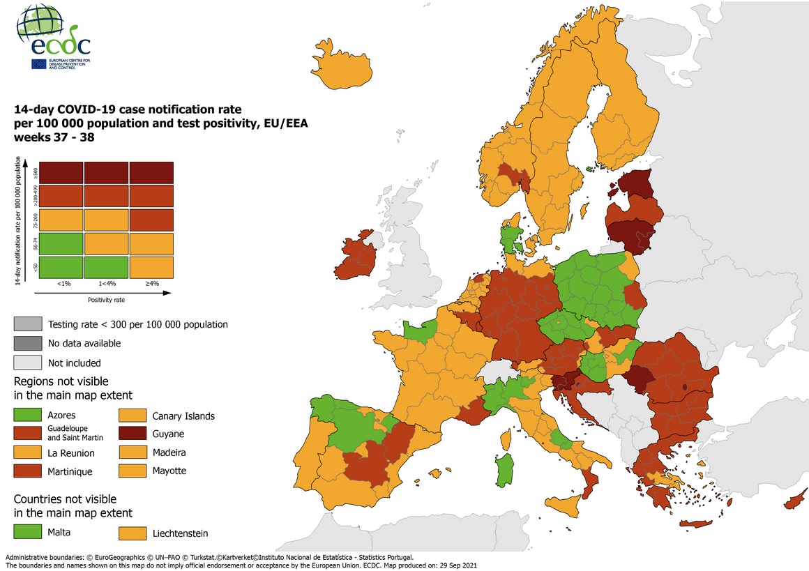 Mappa Ecdc: Italia verde, una regione in rosso