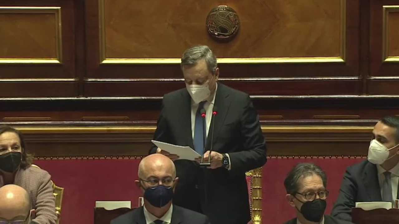 Il presidente del Consiglio, Mario Draghi, nell'informativa al Senato sulla guerra in Ucraina