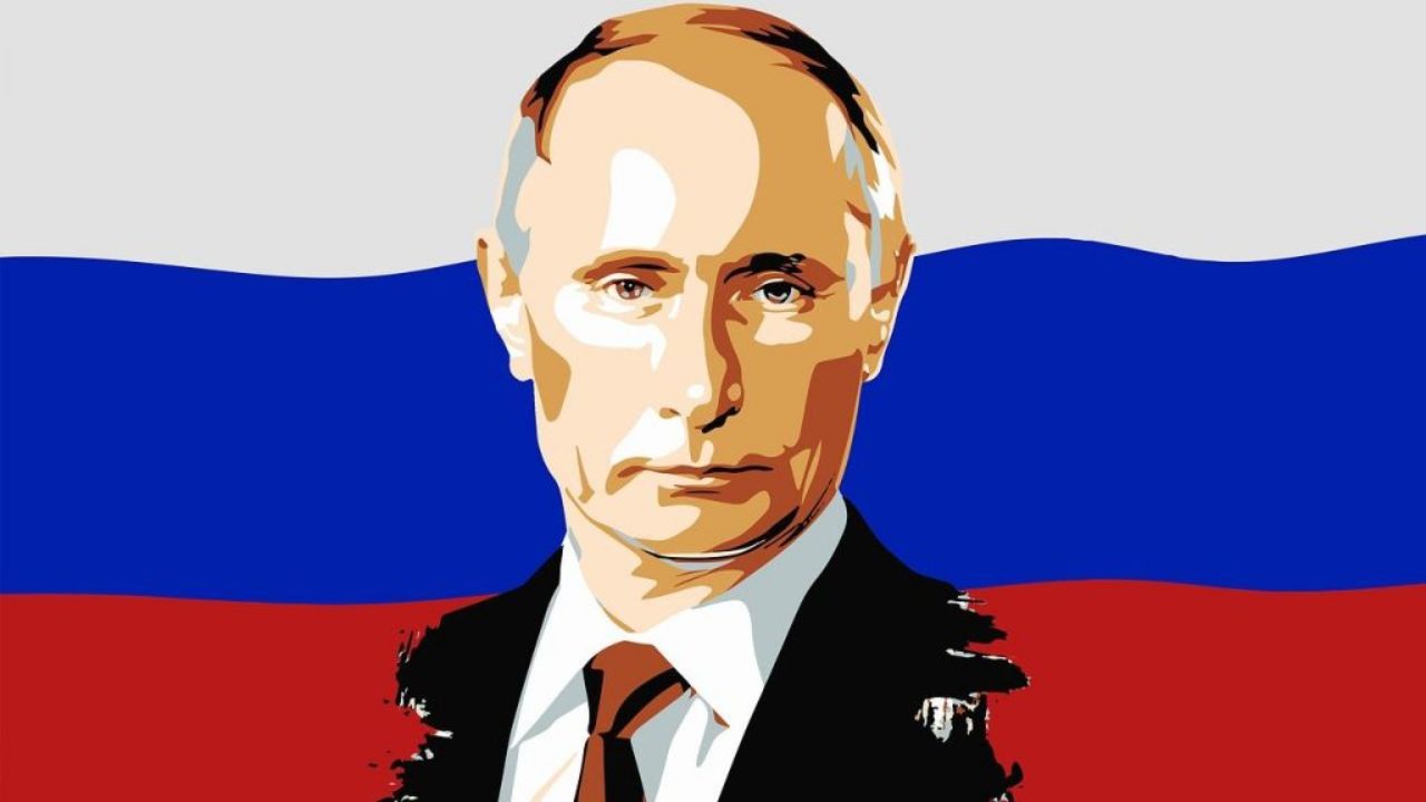 Un'illustrazione di Vladimir Putin davanti alla bandiera della Russia