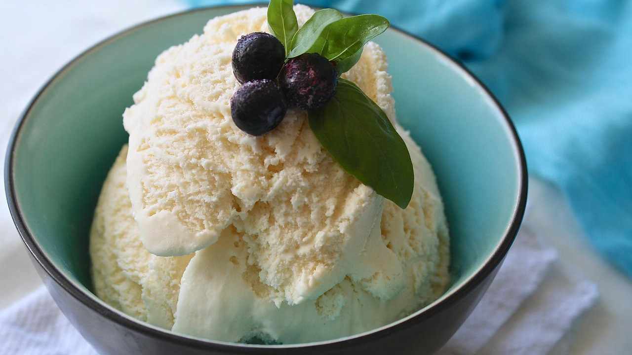 Una coppetta di gelato alla vaniglia, abbellita da mirtilli e menta