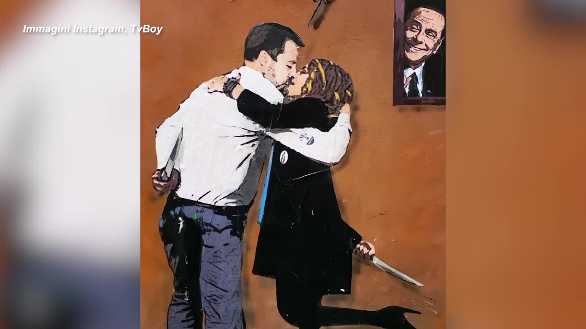 "Odi et Amo", Salvini e Meloni nel nuovo murale di Tvboy