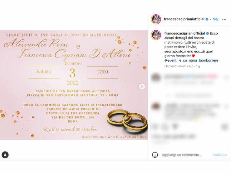 Le nozze di Francesca Cipriani (foto instagram)