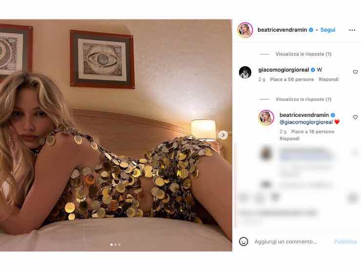 Giacomo Giorgio e il commento sotto il post di Beatrice Vendramin (foto instagram, newsby)