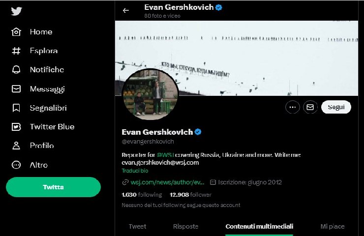 Il profilo Twitter di Evan Gershkovich