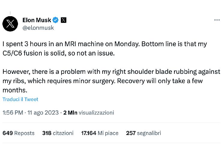 Post di Elon Musk sulla sua RM