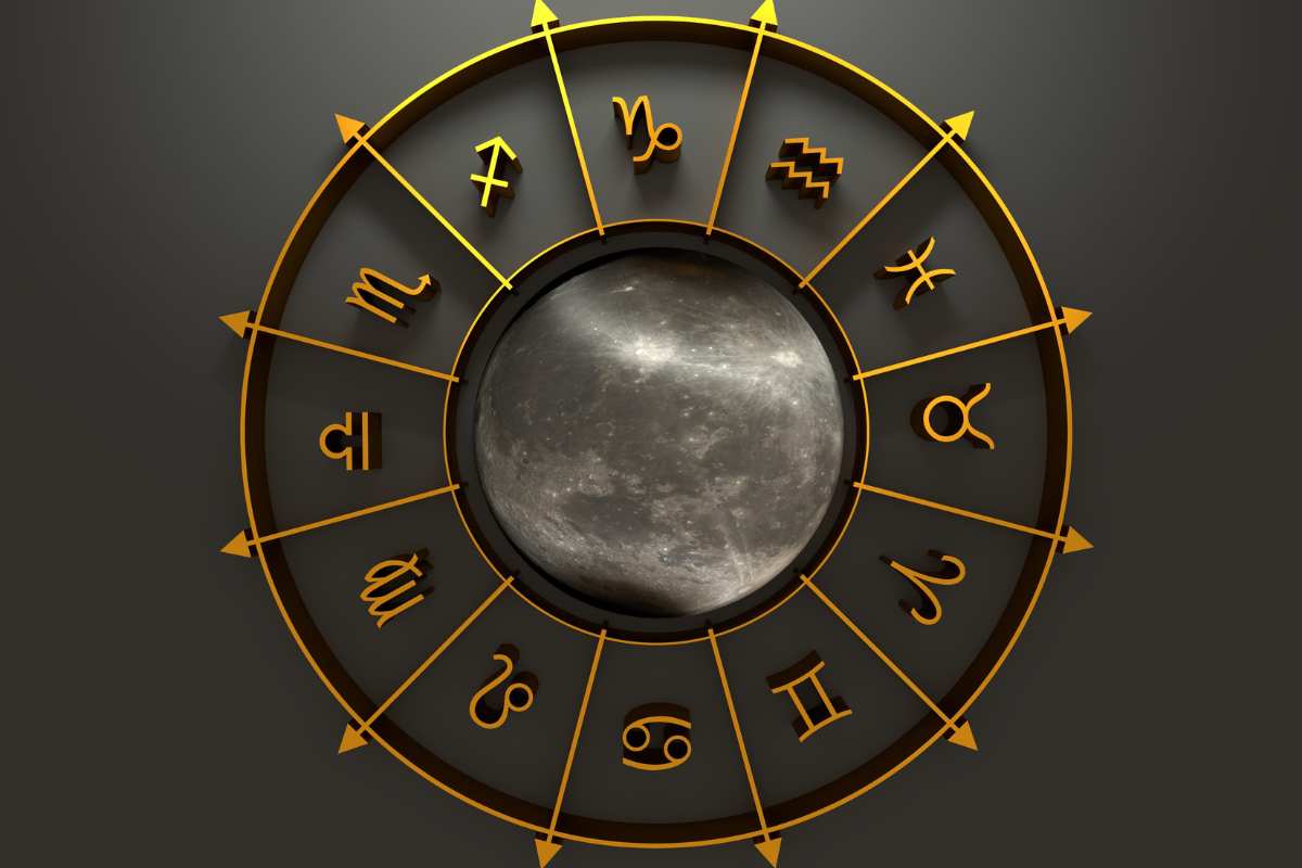 Segni zodiacali in una ruota divisa in dodici con sfondo nero