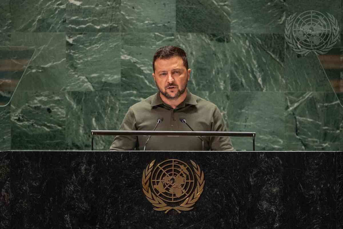 Il presidente ucraino Volodymyr Zelensky all'Assemblea generale dell'Onu