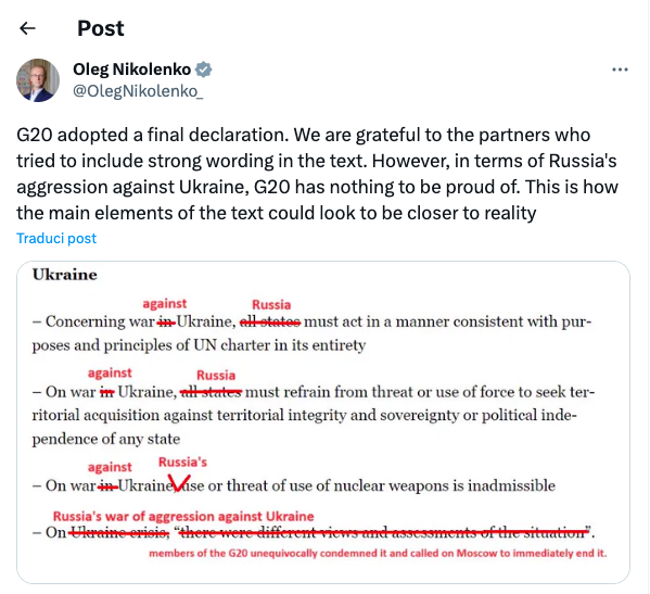 Post del portavoce del ministro degli Esteri ucraino Oleg Nikolenko sul G20