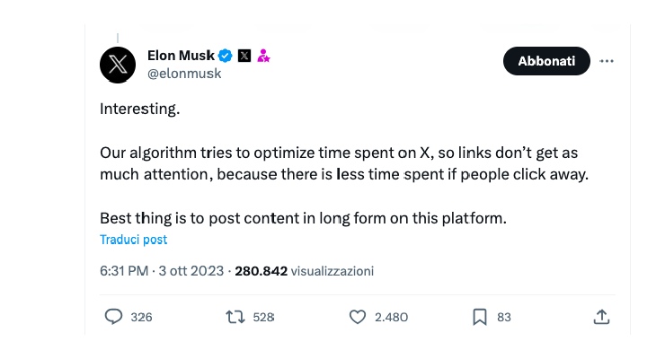 Post di Elon Musk su X