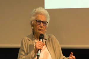 Liliana Segre durante il suo intervento al convegno 'Le vittime dell'odio' al Memoriale della Shoah a Milano
