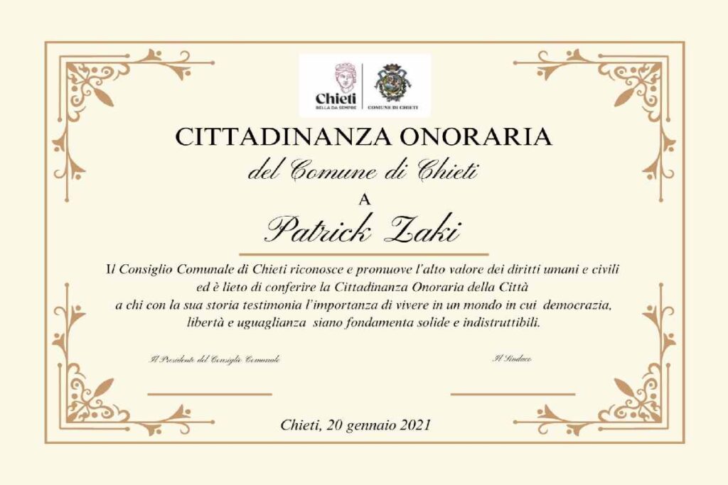 La cittadinanza onoraria concessa a Patrick Zaki dal comune di Chieti